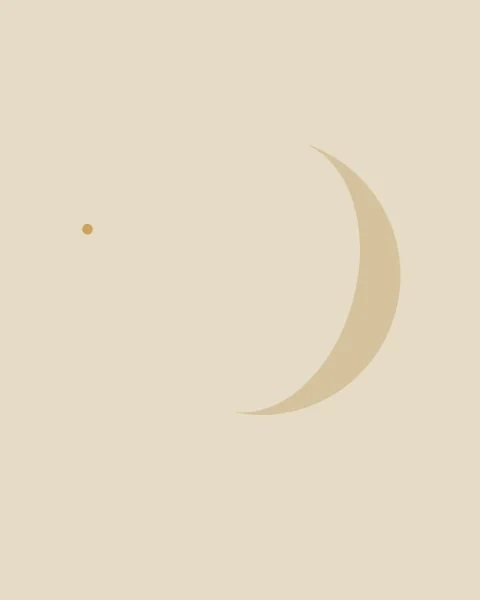 A large sand crescent on warm paper, with a single gold point beside it.