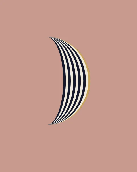 A crescent filled with curved stripes of ink and bone that meet at both horns, edged in gold.