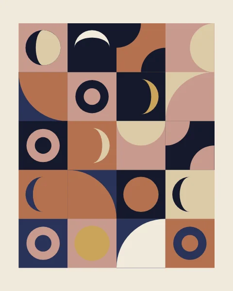 A grid of tiles in ink, clay, rose, sand and gold, each holding a disc, half circle, quarter circle or crescent.