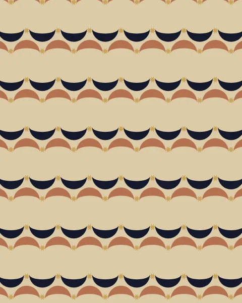 An all-over repeat of ink and clay crescents around small eight-pointed stars on sand.