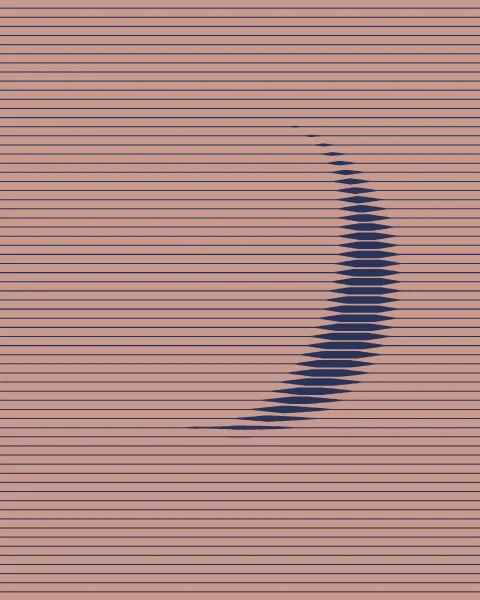 Fine indigo lines run across a rose ground and swell to form a crescent.