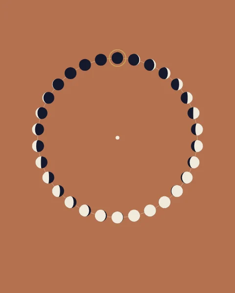 A ring of thirty small moons on clay, waxing and waning around a circle, with the first crescent ringed in gold at the top.