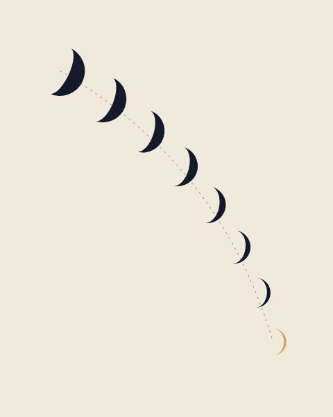 A line of crescents falls along a dotted arc, each smaller and thinner, the last in gold.