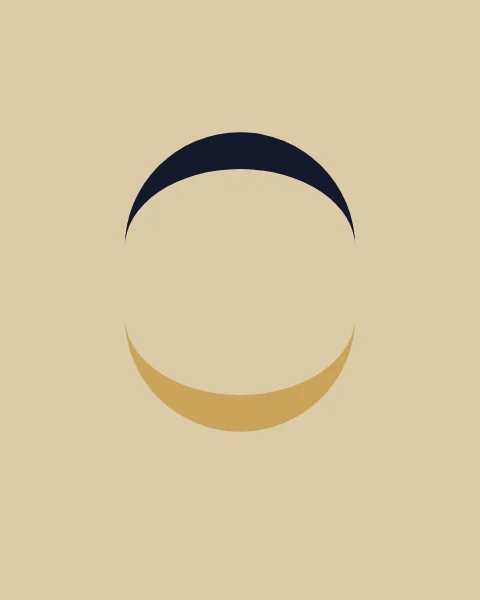 An ink crescent and a gold crescent turn towards each other on sand, almost closing a circle.