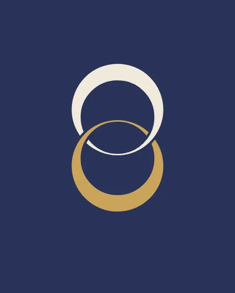 A bone crescent and a gold crescent linked like two rings, passing over and under each other.