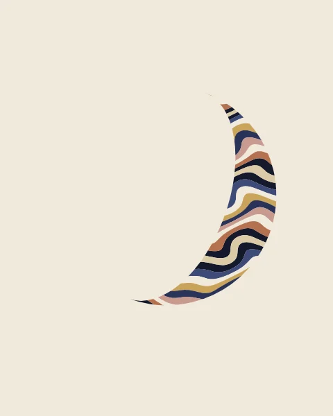 A crescent filled with combed, marbled bands of ink, gold, rose and bone on paper.