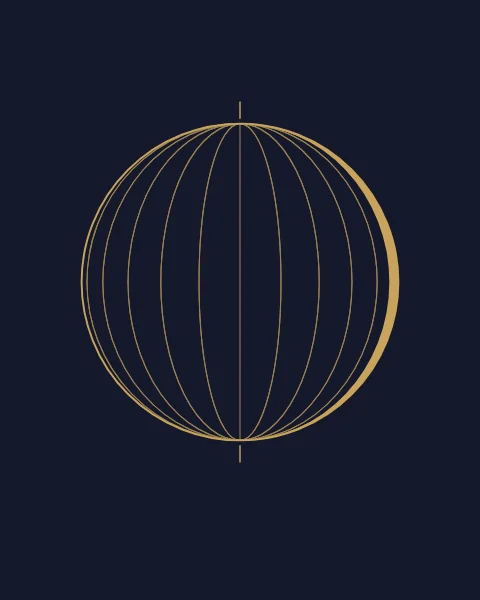 A gold-lined globe of curved meridians, with the thinnest crescent filled in gold.