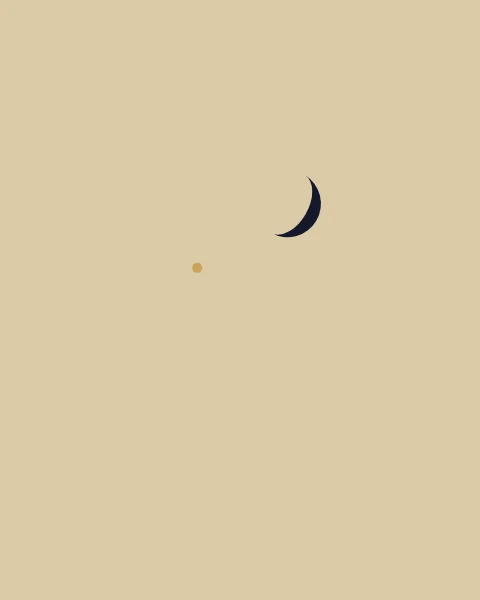 A small ink crescent and a single gold point on an open sand ground.