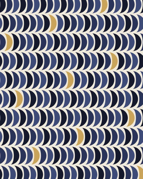Rows of ink and indigo crescents nest into one another across the whole sheet, with a few in gold.