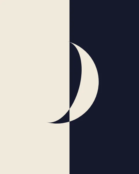 The sheet is split into bone and ink, and a crescent crosses the divide with its colours reversed.
