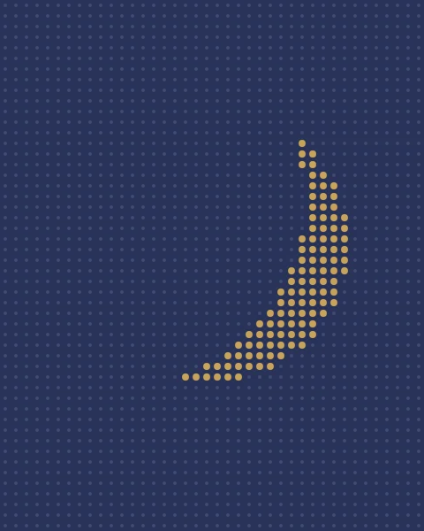 An even grid of dots on indigo, with those inside a crescent enlarged and picked out in gold.