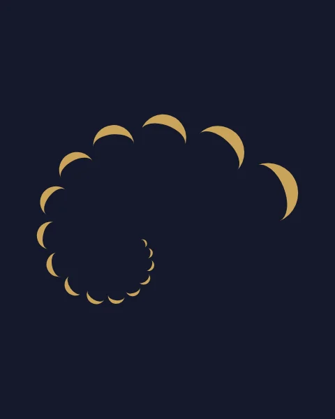 Gold crescents wind inwards along a spiral on deep ink, shrinking as they turn.