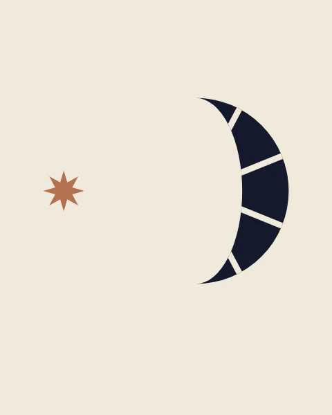 A bold ink crescent broken by stencil bridges, with a small clay star beside it.