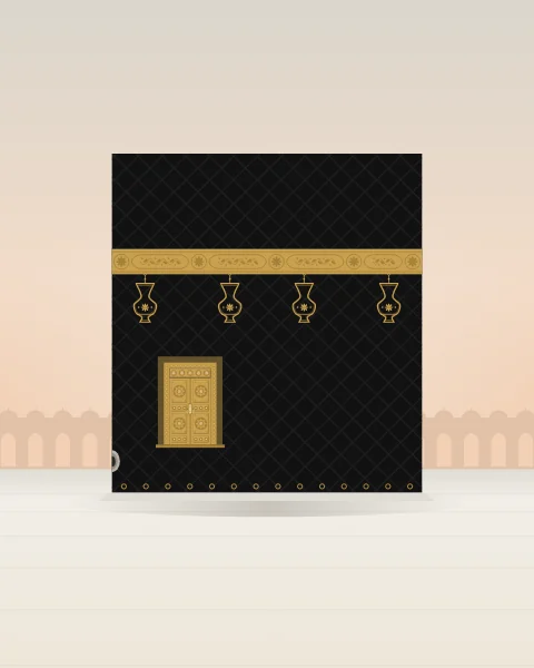The Kaaba drawn straight on, its black kiswa crossed by a gold band, the gold door raised above the white marble floor at dawn.