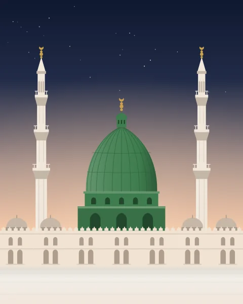 The Green Dome of the Prophet's Mosque in Madinah with its lantern and crescent, white minarets on either side, under a dawn sky.
