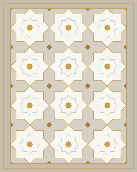 A panel of white marble eight-point stars set in pale grey stone, each star outlined in a fine gold line, inside a plain stone border.