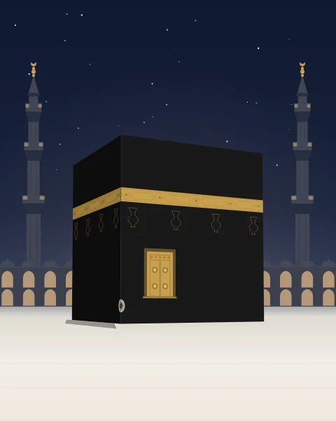 The Kaaba at night on the white marble floor, its gold band catching the light, with the lit arcades and two minarets beyond.