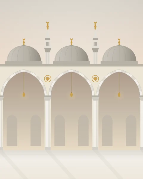 The Ottoman arcade of Masjid al-Haram in elevation: pointed arches on slender marble columns under a row of small lead domes, at dawn.