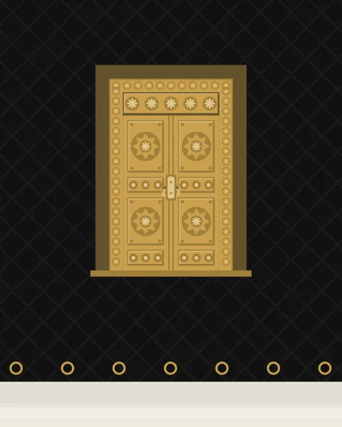 The gold door of the Kaaba set into the black kiswa, its two leaves divided into panels of stars and roundels.