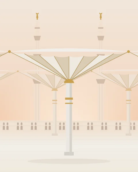 The opened umbrellas of the Prophet's Mosque seen from the marble floor at dawn: pale canopies on tall white columns, with the mosque wall and two minarets beyond.