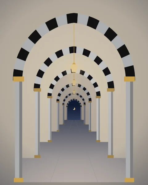 A long corridor of black and white striped arches with gilded capitals and hanging lanterns, opening onto the night sky.