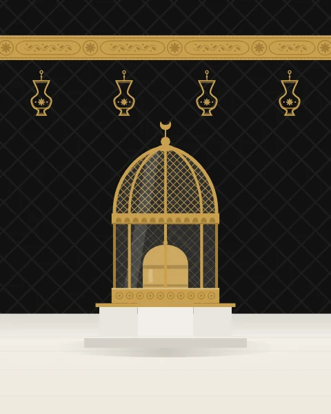 The gold and glass enclosure of the Station of Abraham on its marble base, the black kiswa rising behind.
