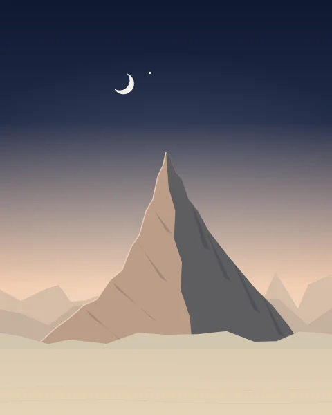 The steep peak of the Mountain of Light above Makkah at dawn, with a thin crescent and a morning star.