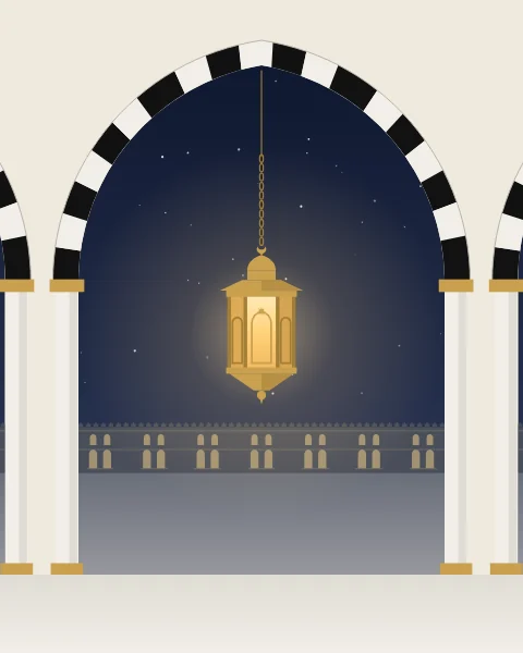 A brass lantern hangs in a pointed arch of black and white stone, with the courtyard and a far arcade lit beyond it at night.