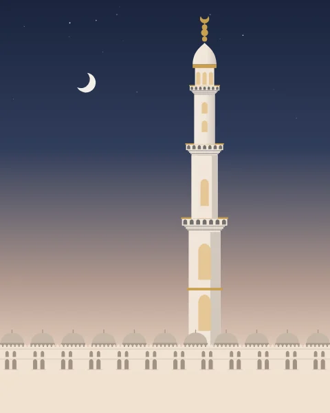 A white minaret of the Prophet's Mosque rises in tiers of balconies to a small dome and a gilded crescent, above the mosque's roof of domes at dusk.
