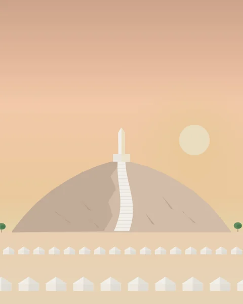 Jabal al-Rahmah, the rocky hill on the plain of Arafat, with a white stair climbing to the pillar on its summit and white tents across the plain under a low evening sun.
