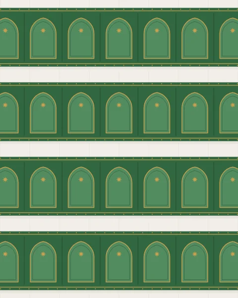 Green prayer runners laid in long straight rows on a white marble floor, each place marked by a niche, every niche pointing the same way.