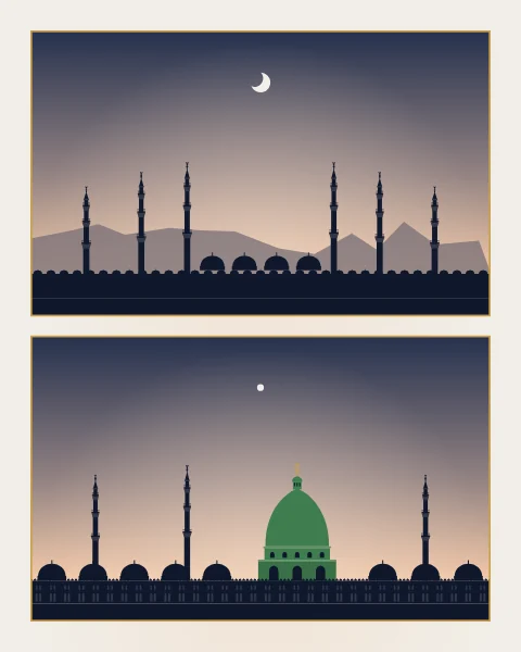 Two dusk skylines side by side: the minarets and domed arcades of Makkah, and the Green Dome and minarets of Madinah.