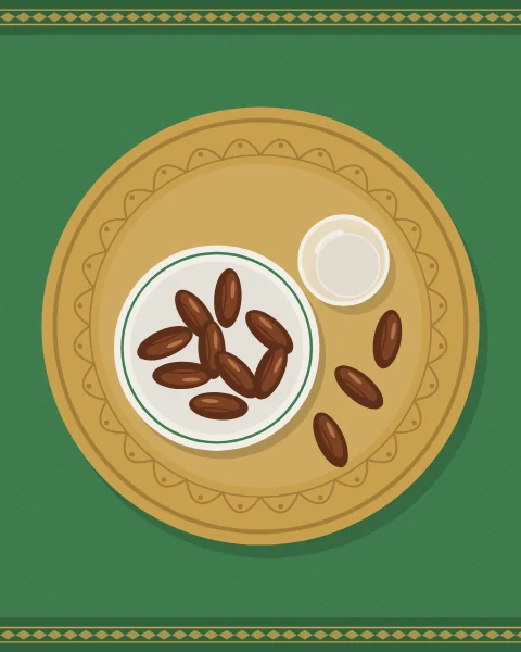 A brass tray seen from above on a green cloth, holding a white bowl of dates, a few loose dates and a glass of water.