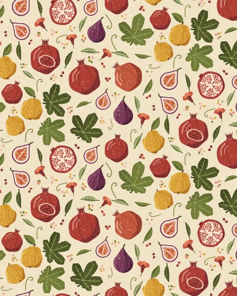 An all-over repeat of pomegranates, whole, halved and split open to their seeds, with purple figs, cut figs and golden quinces among fig leaves, pomegranate flowers and curling tendrils on a warm cream ground.