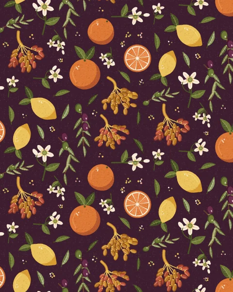 Bunches of dates in three stages of ripeness repeat across a deep plum ground with oranges, a cut orange, lemons, sprigs of orange blossom and olive branches carrying green and ripe olives.