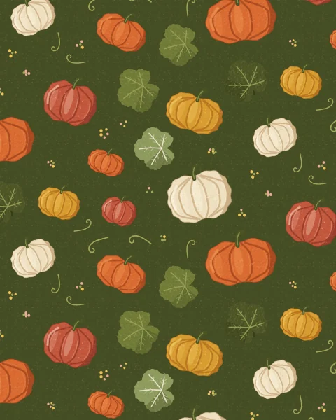 Orange, mustard, cream and terracotta pumpkins of every size repeat across a deep olive ground among broad leaves, curling tendrils and small seed dots.