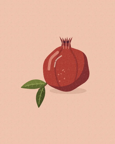 A single ripe pomegranate with its crown and a leafy twig, set large on a soft blush ground; taller shapes add a split fruit and a halved fruit full of seeds.
