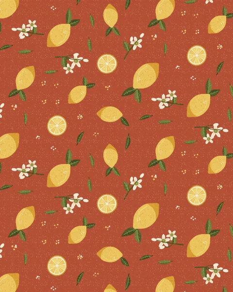 Lemons with their leaves, cut lemons and sprigs of white blossom repeat across a terracotta ground with small cream and yellow dots.