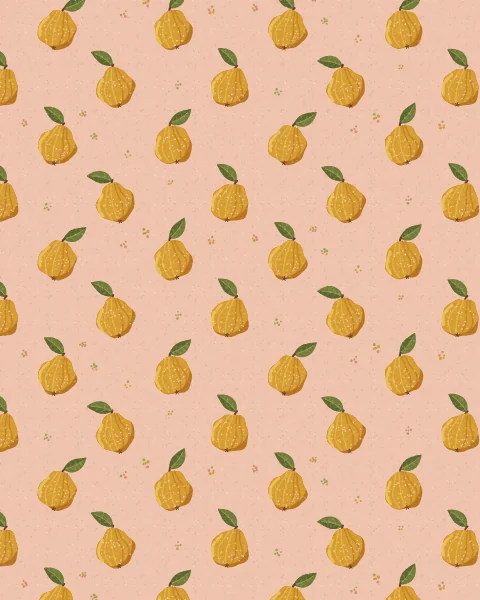 Golden quinces with a single leaf each, set in neat staggered rows on a blush ground with a few small dots between them.