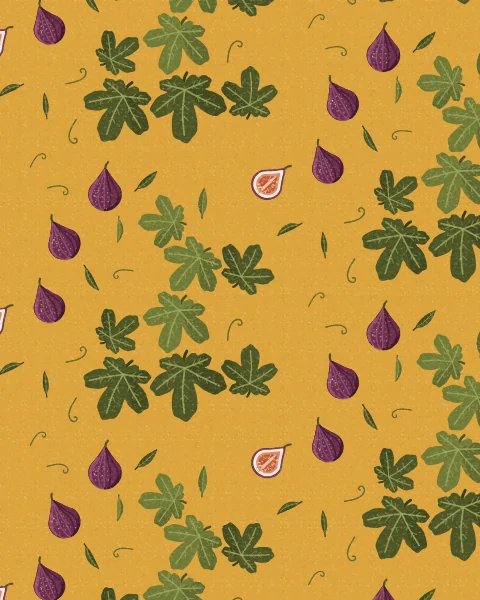 Deep green fig leaves crowd together across a mustard ground, with a few purple figs, cut figs, slender leaves and tendrils tucked between them.