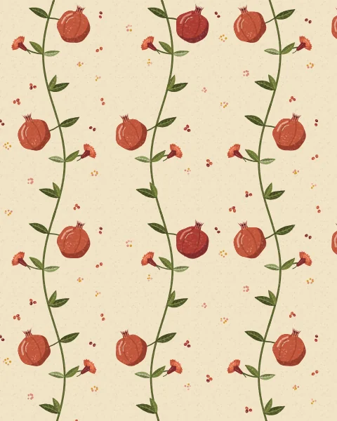 Two winding stems climb the cream ground in a seamless repeat, carrying pomegranates, scarlet pomegranate flowers and pairs of slender leaves, with loose seeds scattered between.