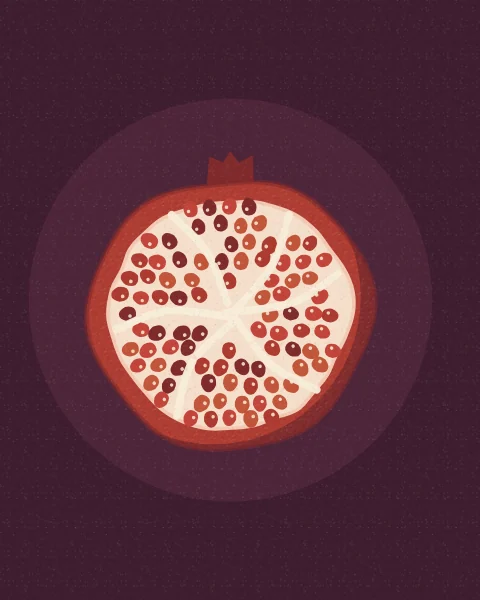A halved pomegranate full of red seeds, its pale membranes showing, centred on a soft disc against deep plum; taller shapes add a split fruit and a whole one.