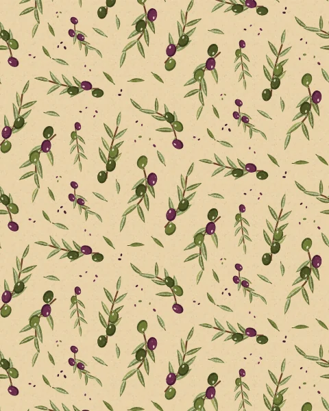 Olive sprigs with silver-green leaves and green and purple olives cover an oatmeal ground, with small olive stones scattered in the gaps.