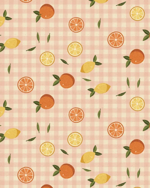 Oranges, lemons and cut slices of both, with a few dark leaves, scattered over a blush gingham check on cream.