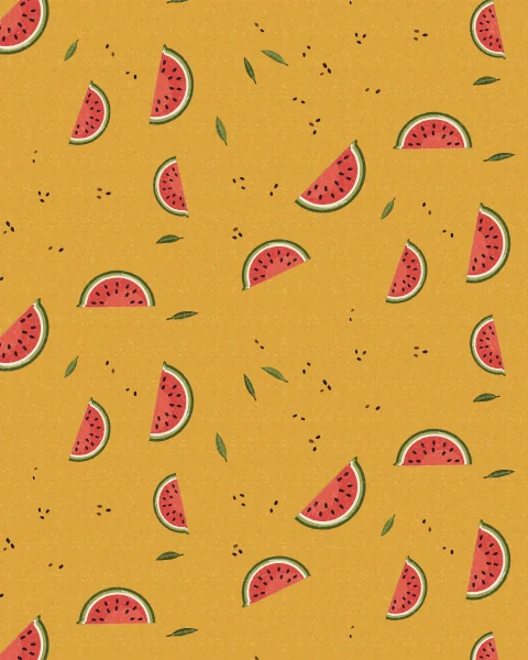 Half-moon slices of watermelon with green rind and dark seeds repeat across a mustard ground with loose seeds and small leaves.
