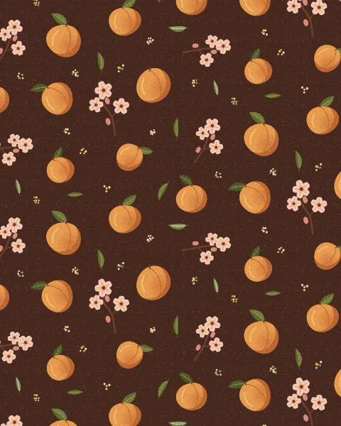 Apricots with blushing cheeks and their leaves repeat across a dark brown ground with sprigs of pale pink blossom and small dots.
