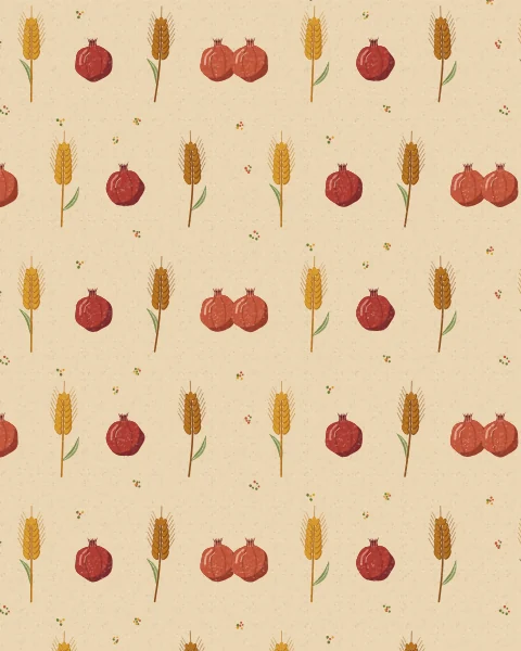 Upright ears of golden wheat alternate with small pomegranates in staggered rows on a pale ground, with tiny dots between.