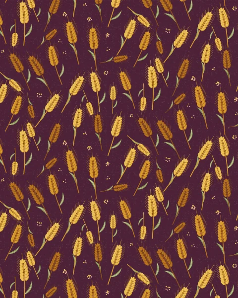 Ears of wheat in gold, straw and amber lean together across a deep plum ground in a dense, seamless repeat.