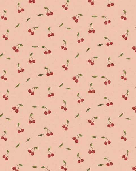 Small pairs of red cherries on their stalks, each with a leaf, scattered lightly across a blush ground with a few loose leaves.