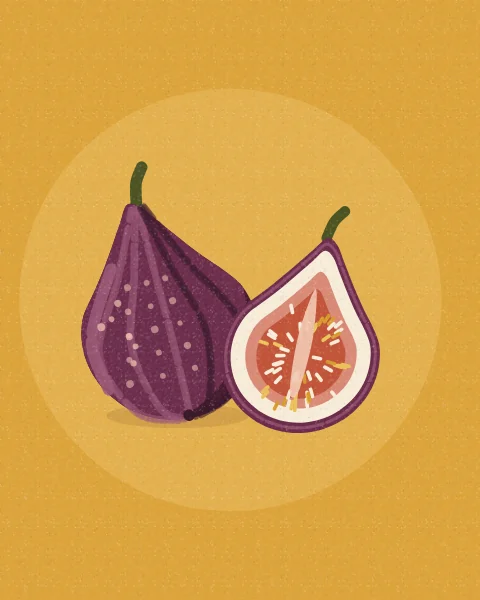 A whole purple fig beside a cut fig showing its pink flesh and seeds, set on a pale disc against mustard; taller shapes add a fig leaf and a second cut fig.